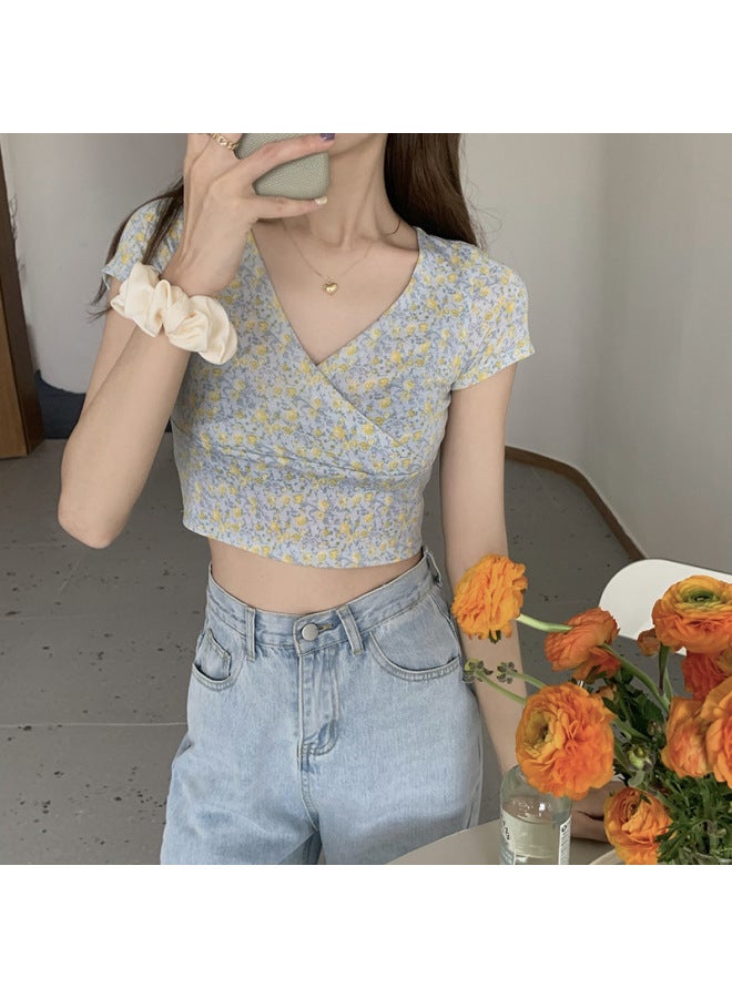New Arrival Floral Short Navel Elegant Top Women's Summer Slim-fit Slimming V-neck Short-sleeved Korean Style Trendy T-shirt For Women