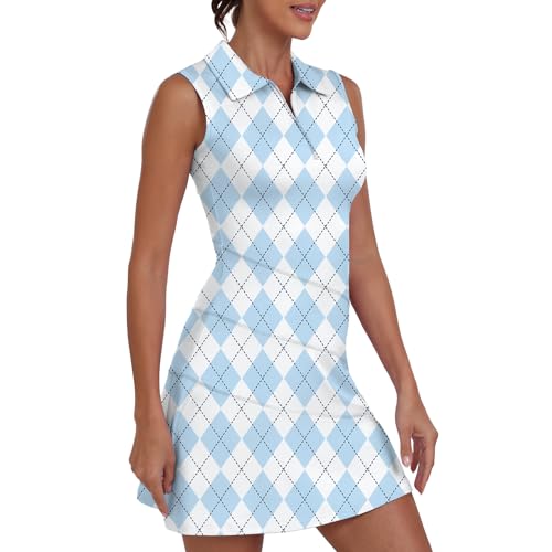 GGOV Womens Two Piece Tennis Golf Dress UPF 50+ Active Athletic Activewear Sports Dresses with Pocket Separate Shorts(Checkerboard Blue,Large) - Image 1