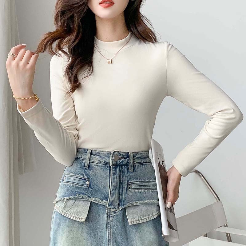 Undershirt womens half turtleneck solid color inner wear 2024 autumn and winter new thermal underwear thickened long sleeve loose top Creamy-white - Image 1