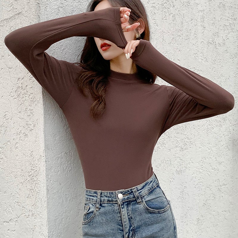 Undershirt womens half turtleneck solid color inner wear 2024 autumn and winter new thermal underwear thickened long sleeve loose top Creamy-white - Image 2