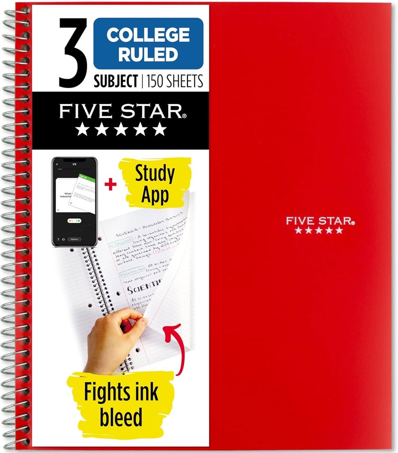 Five Star Spiral Notebook with Study App, 3 Subject, College Ruled, 150 Sheets, Fire Red - Image 1