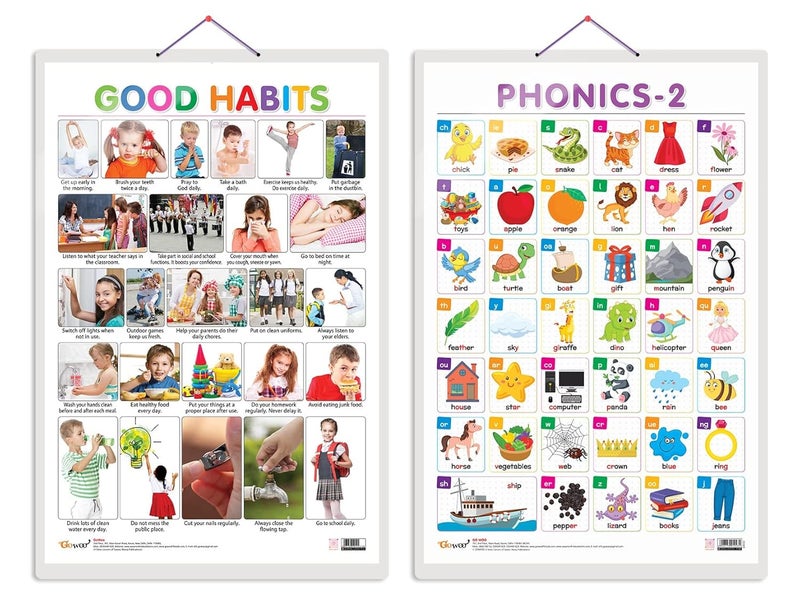 GoWoo Set of 2 Good Habits and PHONICS - 2 Early Learning Educational Charts for Kids | 20"X30" inch |Non-Tearable and Waterproof | Double Sided Laminated | ... Kindergarten and Nursery Students - Image 1