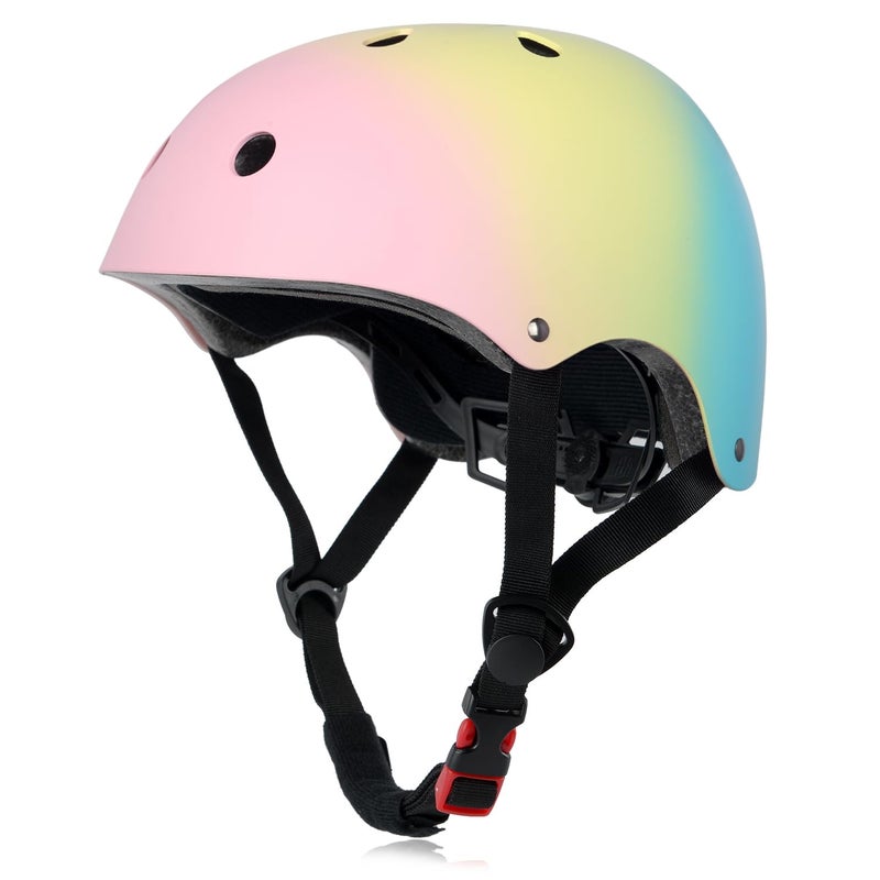 Ouwoer Kids Bike Helmet, Adjustable and Multi-Sport, from Toddler to Youth, 3 Sizes (Pink Yellow Blue) - Image 1