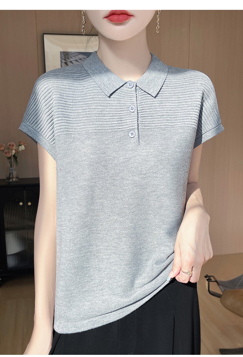 Polo Collar Wool Knitted Short-Sleeved Comfortable Casual Daily Style T-Shirt Spring And Arrival Lop Half-Sleeved Women'S Trendy - Image 1