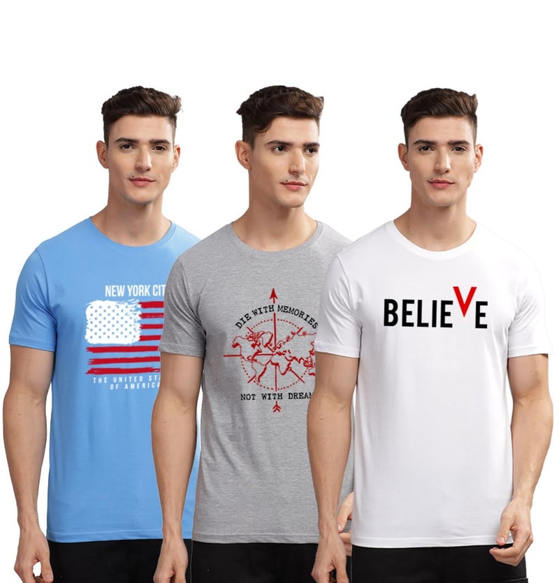 ADRO 100% Cotton Lycra Tshirts for Men Combo Pack of 3 | Regular Fit | Printed T Shirt | Round Neck Half Sleeve| Mens Tshirts|RCM3_BVV-WH_DIE-GR_NWW-SK_M - Image 1