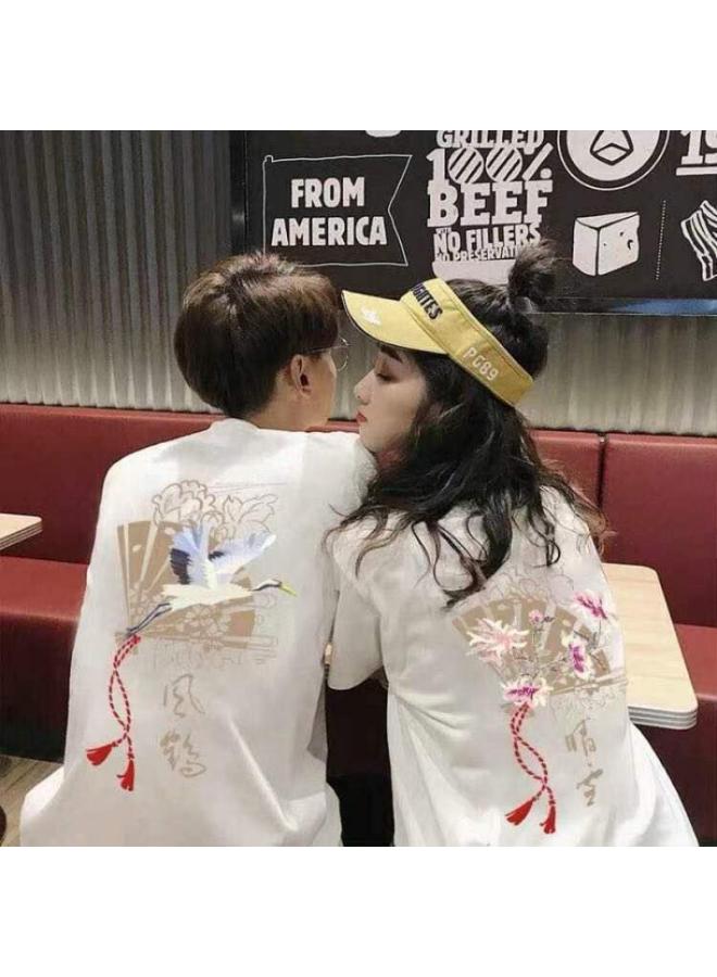 VUELO Chinese Style Couple's Dress Chang'an Return To Hometown T-shirt Men's And Women's Short-sleeved Loose Net Red Cotton Line Western Style Half-sleeved  - Image 1
