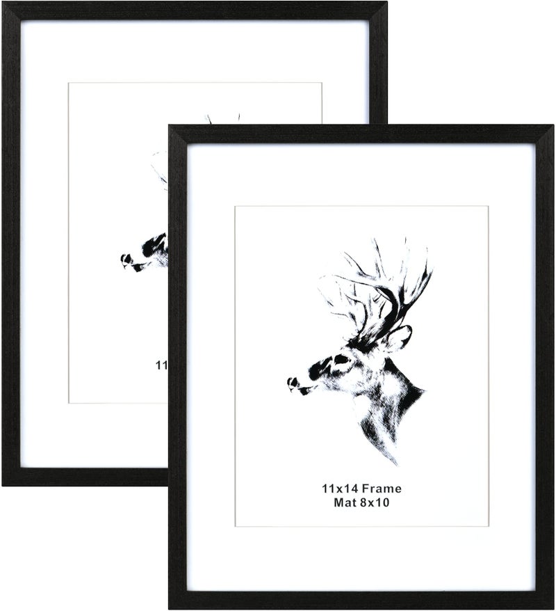 Yaetm Black Wood 11x14 Picture Frame with Mat for 8x10 Set of 2 Solid Wood Photo Frames with Tempered Glass 11 x 14 Frames for Wall Mounting 2 pack Black
