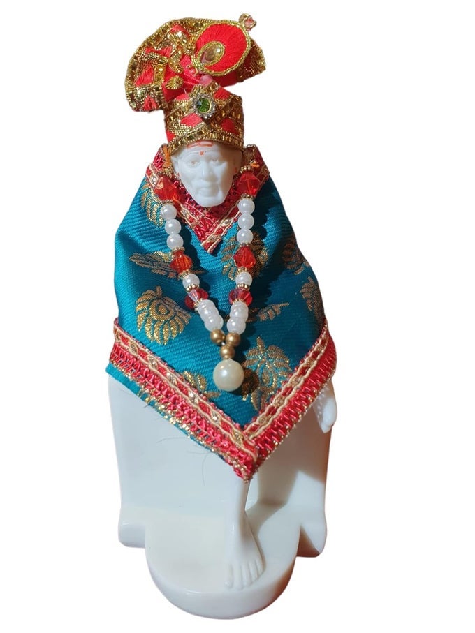SAI BABA MARBLE MURTI PURE RESIN STATUEIDOLVASTRA POSHAK DRESS WITH PAGADI WHITE COLOR 8 INCHES
