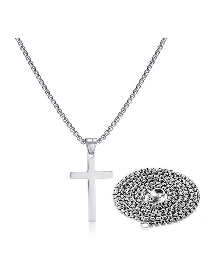 SKQIR Stainless Steel Cross Necklace for Men Silver Cross Necklace for boy Small Cross Pendant Necklace Simple Jewelry Cross Chain for Mens, Metal, No Gemstone - Image 1