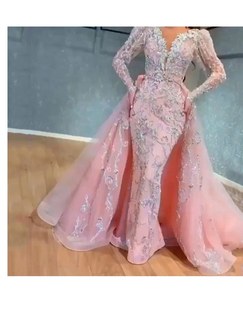 NIBEMINENT Spring Hip Tail Long Evening Pink Sequin V-Neck Sand Gold Dress  - Image 1