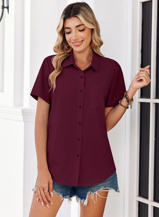 zeagoo Spring Tops for Women Short Sleeve Shirts Casual Button Down Blouses Business Vneck Tshirts, Wine Red, S - Image 5