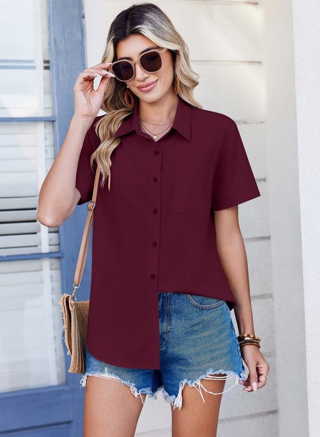zeagoo Spring Tops for Women Short Sleeve Shirts Casual Button Down Blouses Business Vneck Tshirts, Wine Red, S - Image 4