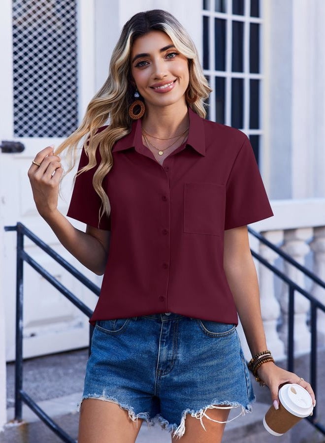 zeagoo Spring Tops for Women Short Sleeve Shirts Casual Button Down Blouses Business Vneck Tshirts, Wine Red, S - Image 3