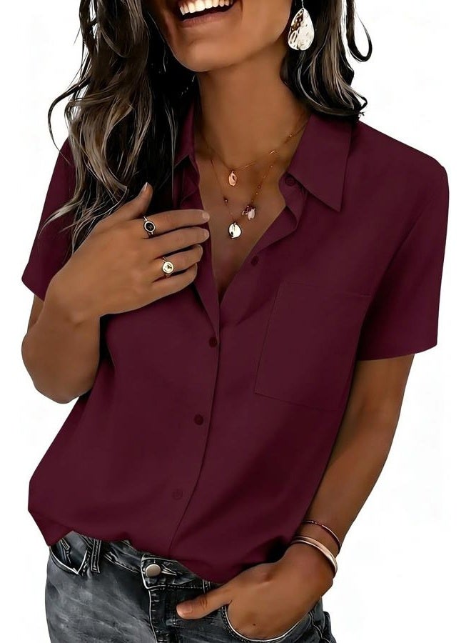 zeagoo Spring Tops for Women Short Sleeve Shirts Casual Button Down Blouses Business Vneck Tshirts, Wine Red, S - Image 1