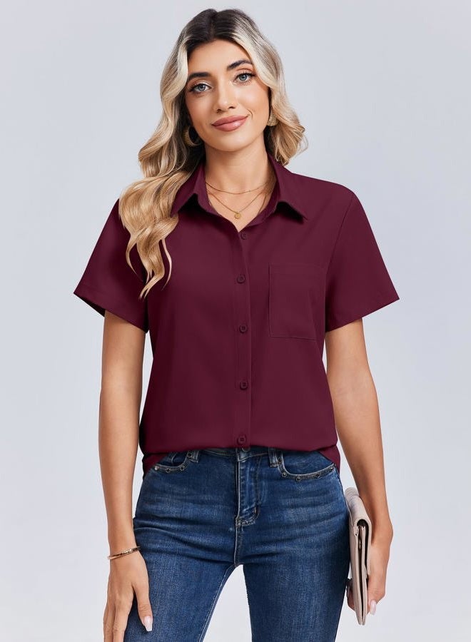 zeagoo Spring Tops for Women Short Sleeve Shirts Casual Button Down Blouses Business Vneck Tshirts, Wine Red, S - Image 2