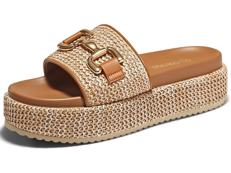 Coutgo Womens Platform Sandals Raffia Espadrilles Metal Chain Slip on Open Toe Cute Beach Slide Sandals, Khaki, Size 9 - Image 1