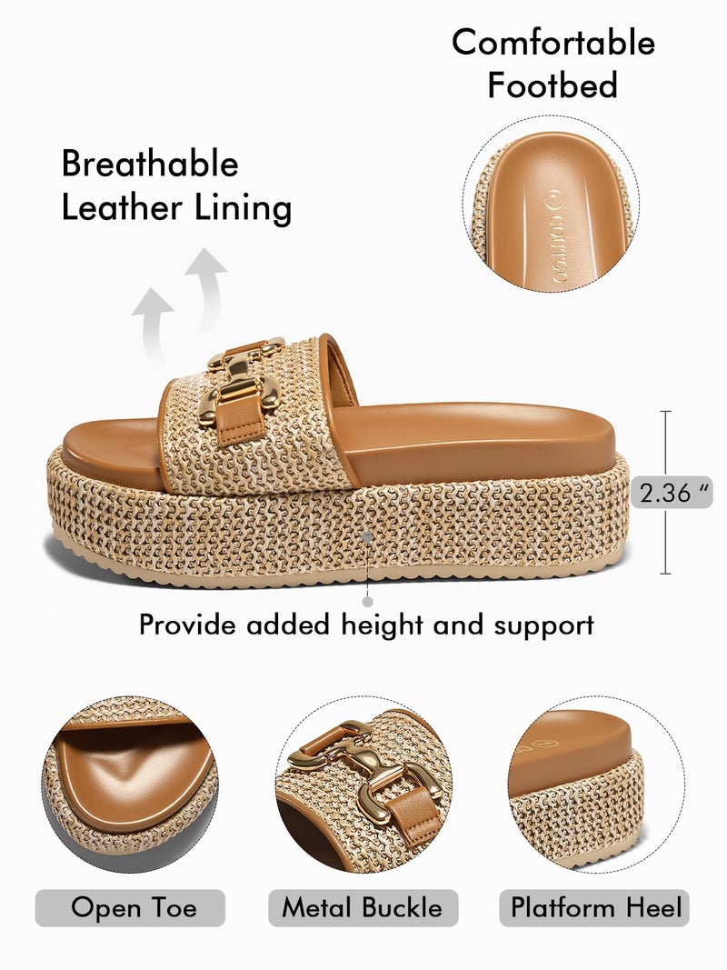 Coutgo Womens Platform Sandals Raffia Espadrilles Metal Chain Slip on Open Toe Cute Beach Slide Sandals, Khaki, Size 9 - Image 4