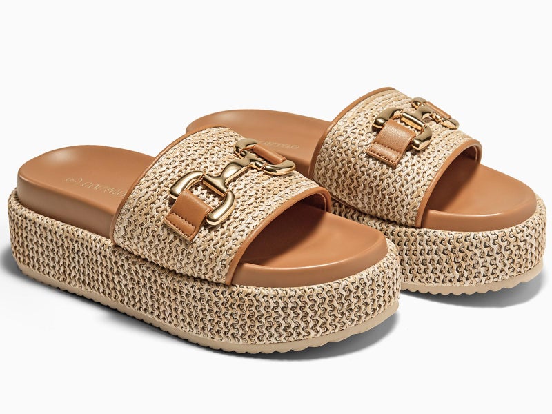 Coutgo Womens Platform Sandals Raffia Espadrilles Metal Chain Slip on Open Toe Cute Beach Slide Sandals, Khaki, Size 9 - Image 5
