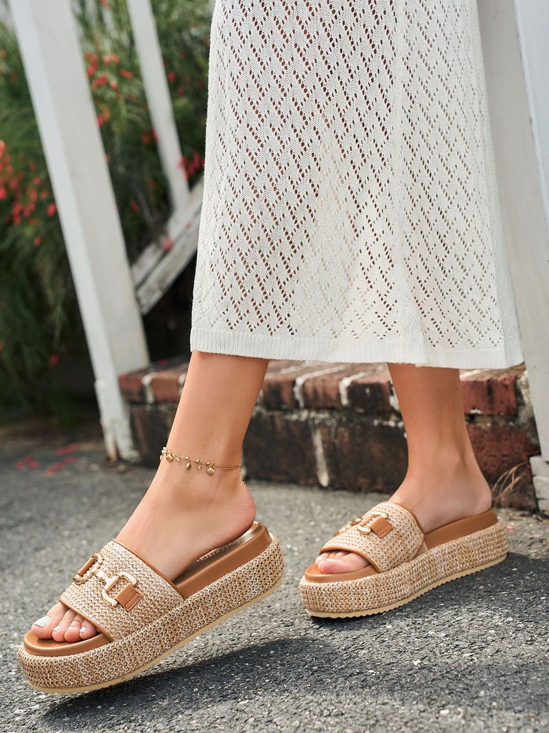 Coutgo Womens Platform Sandals Raffia Espadrilles Metal Chain Slip on Open Toe Cute Beach Slide Sandals, Khaki, Size 9 - Image 2