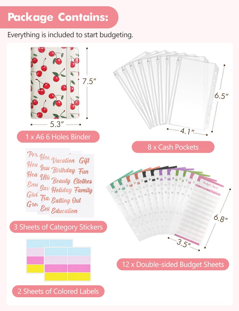 Zreal A6 Budget Binder for Money Saving, PU Leather Budget Planner with 8 Cash Envelopes, Budget Sheets & Rose Gold Category Stickers, Money Organizer for Cash (Cherry Cream) - Image 2