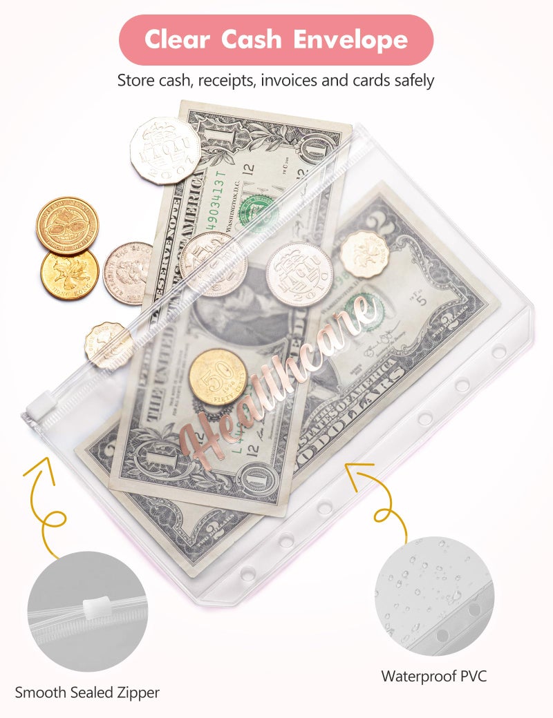 Zreal A6 Budget Binder for Money Saving, PU Leather Budget Planner with 8 Cash Envelopes, Budget Sheets & Rose Gold Category Stickers, Money Organizer for Cash (Cherry Cream) - Image 4