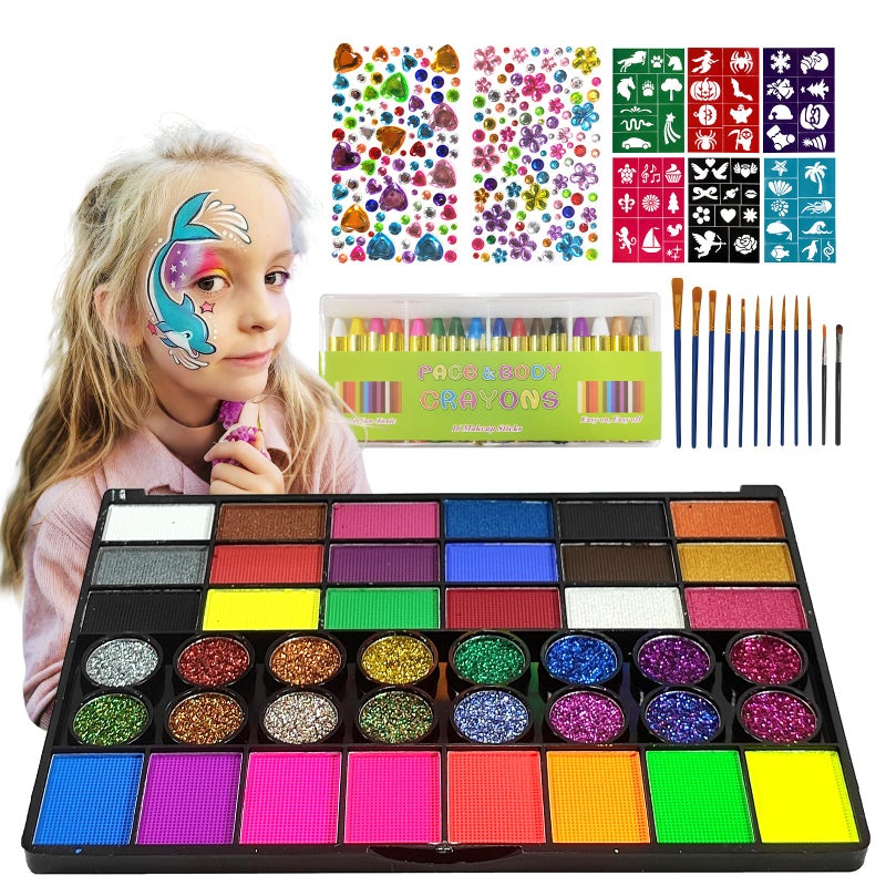 SAM SUGAR Face Painting for Kids 42 Colors NonToxic Vibrant Colors Professional kids face painting with 16 Crayons 56 Sticky Stencils 12 Paint Brushes for Halloween Parties - Image 3