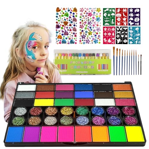 SAM SUGAR Face Painting for Kids 42 Colors NonToxic Vibrant Colors Professional kids face painting with 16 Crayons 56 Sticky Stencils 12 Paint Brushes for Halloween Parties - Image 1