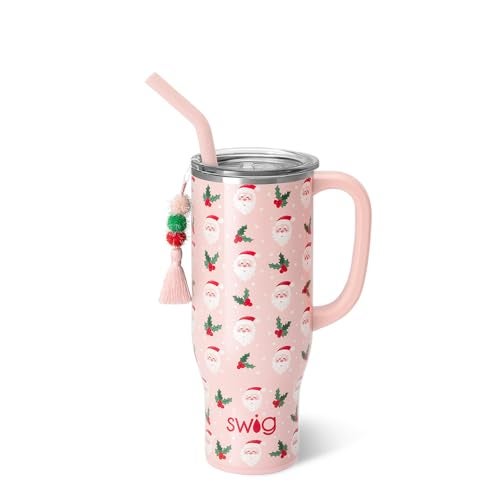 Swig Life 30oz Mega Mug 30 oz Tumbler with Handle and Straw Cup Holder Friendly Dishwasher Safe Extra Large Insulated Tumbler Stainless Steel Water Bottle Holly Jolly