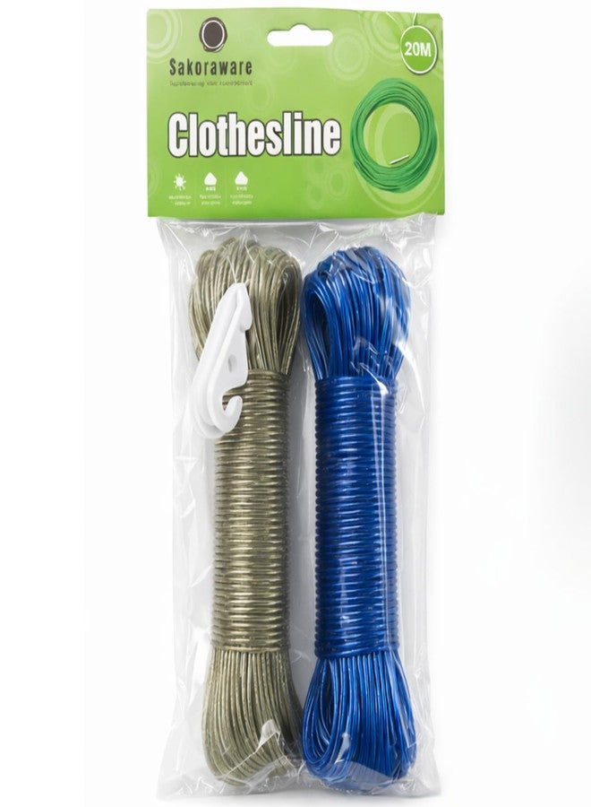 Sakoraware 20 Meter Cloth Drying Ropes PVC Coated Steel Anti-Rust Wire for Dry Clothes with Hook | Portable for Travel Heavy Duty Plastic Skipping Rope Clothesline (Set of 2, Multicolor) - Image 1