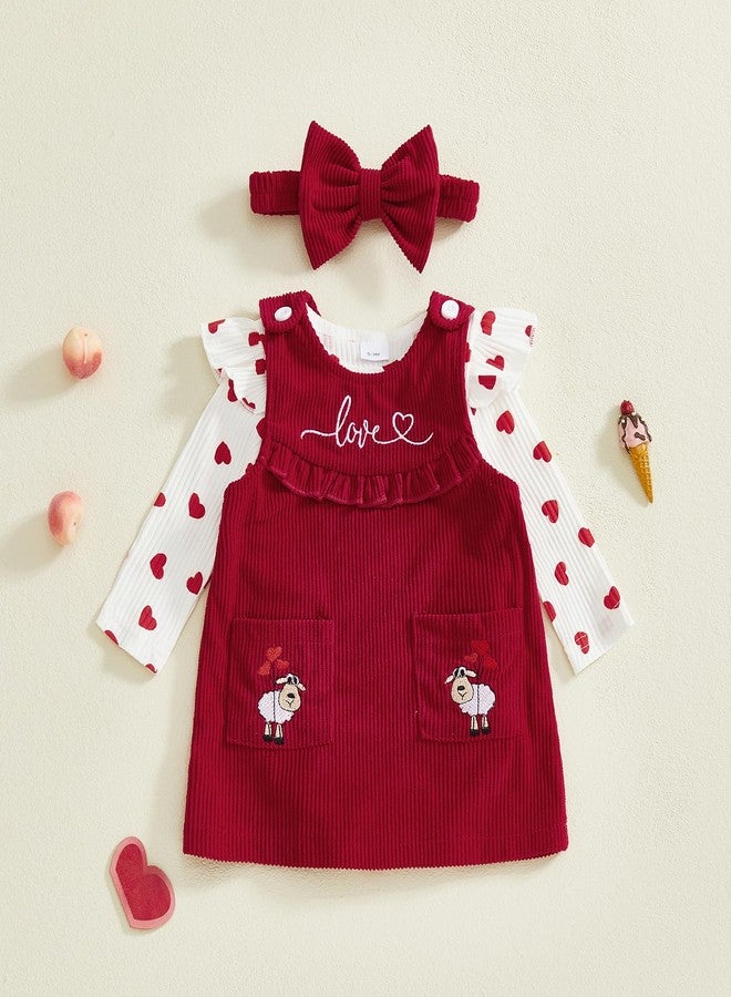 Yccutest Newborn Valentines Clothes Baby Girl Ribbed Romper Top Corduroy Overall Skirt Set Infant Valentines Day Heart Outfit (Sheep, 6-12 Months) - Image 3