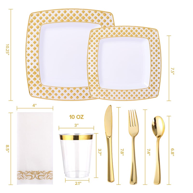 FOCUSLINE 175 Ct Gold Dinnerware Set for 25 Guests - Square Plastic Plates with Diamond Rim  Including 25 Disposable Dinner & Dessert Plates  Napkins  Cups  Cutlery - Image 2