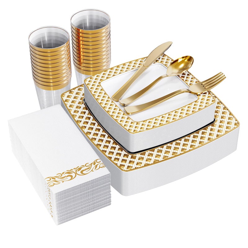 FOCUSLINE 175 Ct Gold Dinnerware Set for 25 Guests - Square Plastic Plates with Diamond Rim  Including 25 Disposable Dinner & Dessert Plates  Napkins  Cups  Cutlery - Image 1