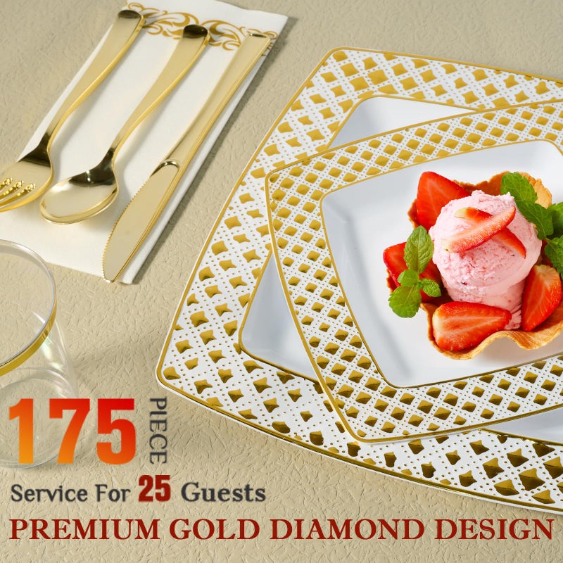 FOCUSLINE 175 Ct Gold Dinnerware Set for 25 Guests - Square Plastic Plates with Diamond Rim  Including 25 Disposable Dinner & Dessert Plates  Napkins  Cups  Cutlery - Image 3