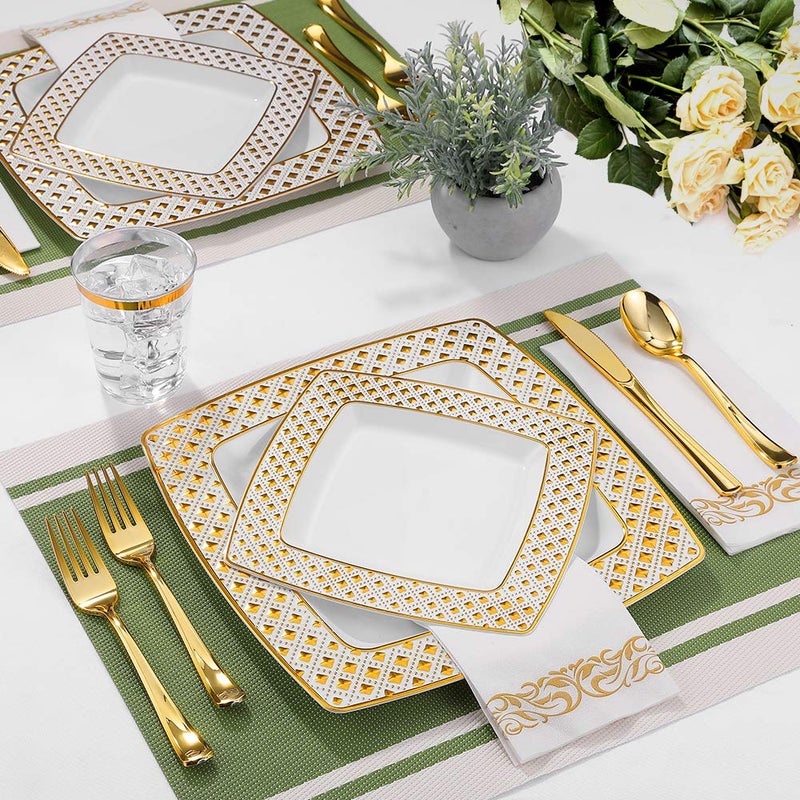 FOCUSLINE 175 Ct Gold Dinnerware Set for 25 Guests - Square Plastic Plates with Diamond Rim  Including 25 Disposable Dinner & Dessert Plates  Napkins  Cups  Cutlery - Image 5