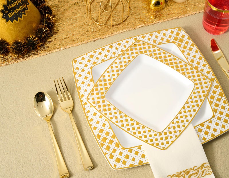 FOCUSLINE 175 Ct Gold Dinnerware Set for 25 Guests - Square Plastic Plates with Diamond Rim  Including 25 Disposable Dinner & Dessert Plates  Napkins  Cups  Cutlery - Image 4