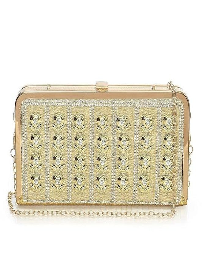Ublic Women's Compact Golden Fancy Bridal Clutch| Ladies Handbag Purse | Sling Bag With Chain Handle | Multipurpose Compartment - Golden - Image 5