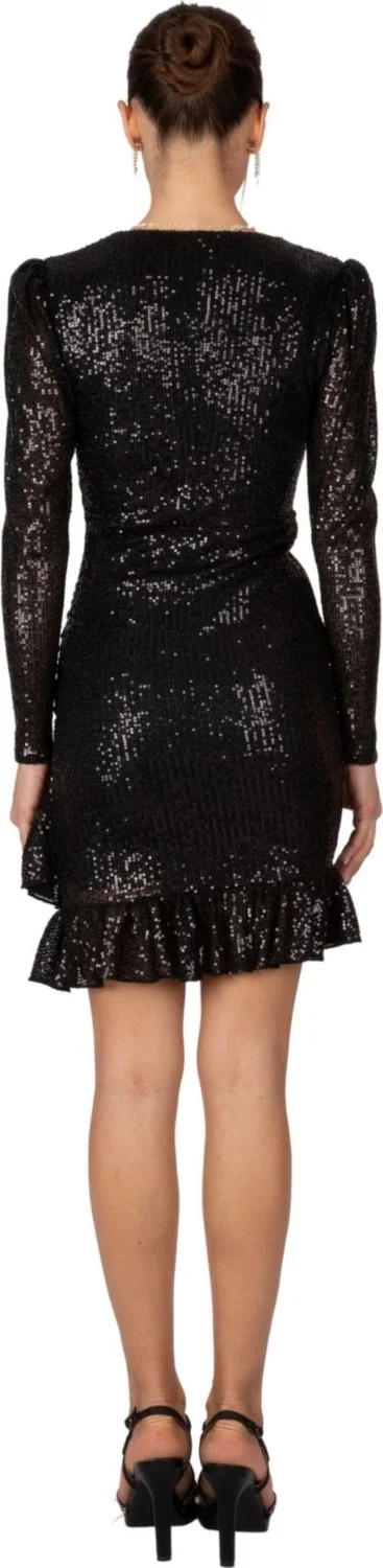 HOXS Sequined Double Breasted Long Sleeve Mini Evening Dress Black