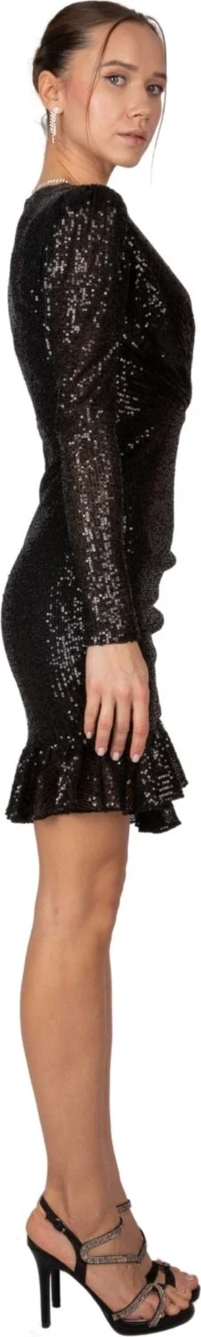 HOXS Sequined Double Breasted Long Sleeve Mini Evening Dress Black