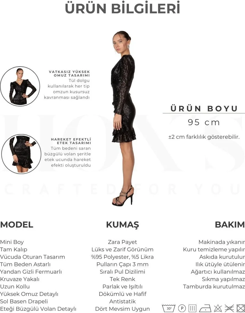 HOXS Sequined Double Breasted Long Sleeve Mini Evening Dress Black