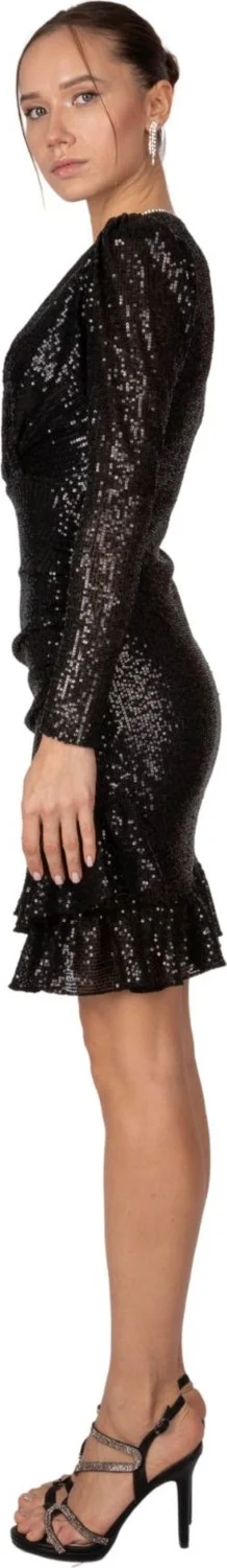 HOXS Sequined Double Breasted Long Sleeve Mini Evening Dress Black