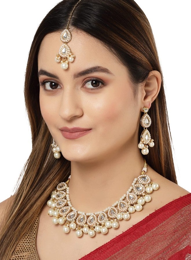 كارات كارت طقم عقد تشوكر مطلي بالذهب من كارات كارت مرصع باللؤلؤ وأحجار الكوندان المتدلية للنساء - Image 3