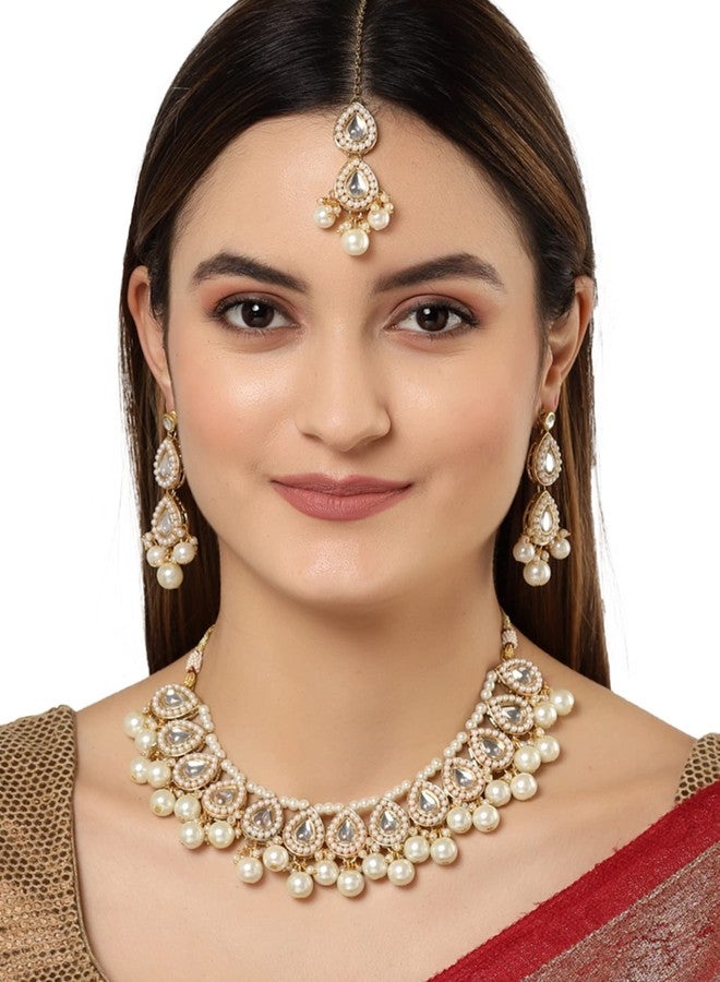 كارات كارت طقم عقد تشوكر مطلي بالذهب من كارات كارت مرصع باللؤلؤ وأحجار الكوندان المتدلية للنساء - Image 2