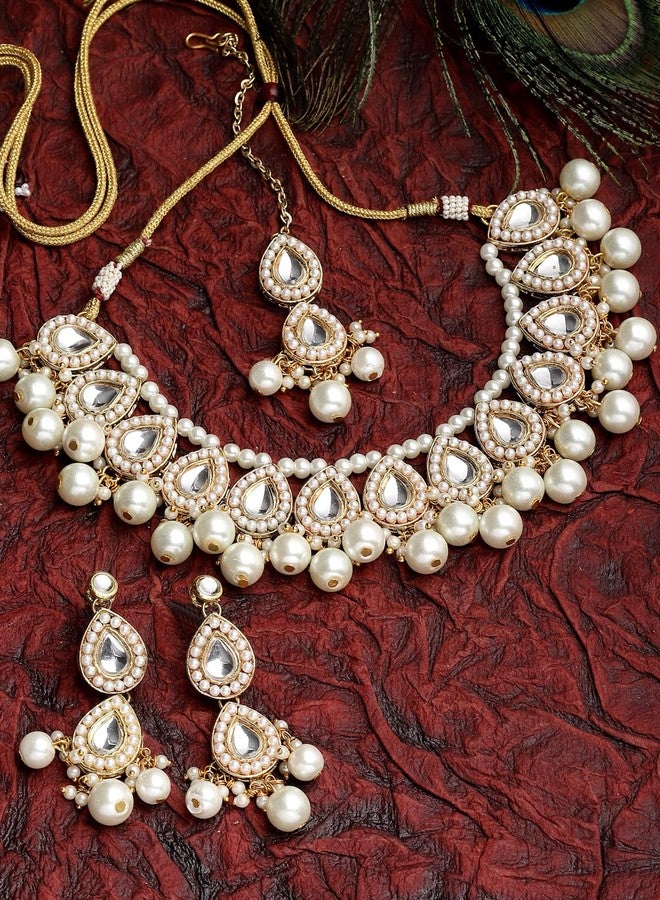 كارات كارت طقم عقد تشوكر مطلي بالذهب من كارات كارت مرصع باللؤلؤ وأحجار الكوندان المتدلية للنساء - Image 4
