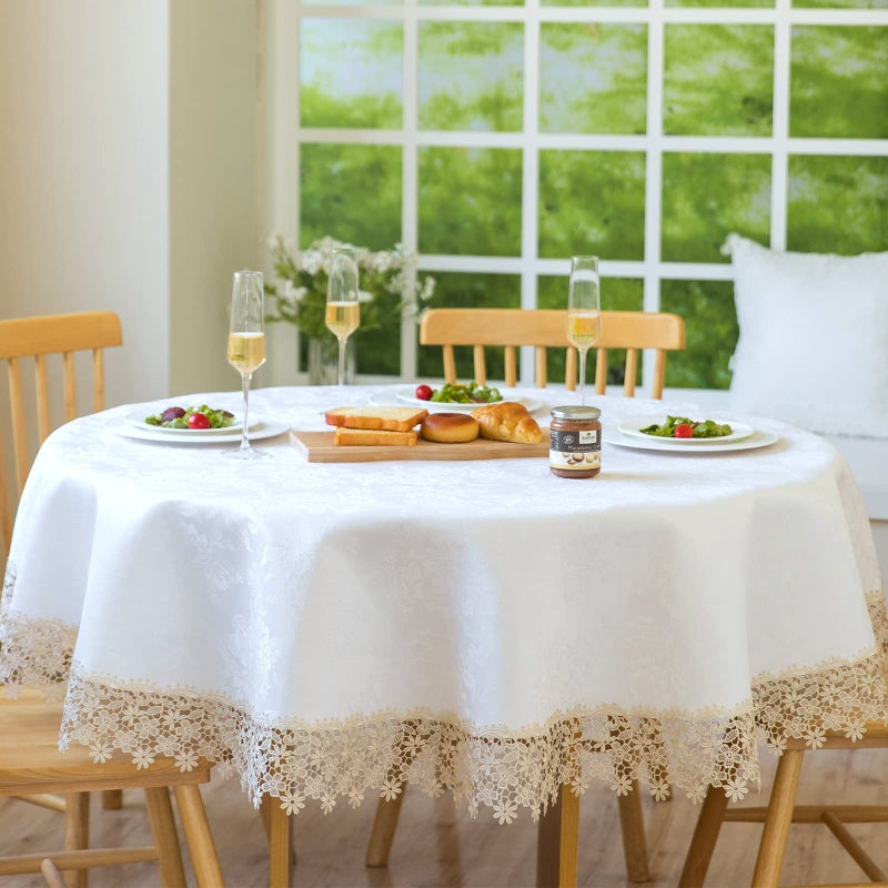 BrekSdat Beige lace Premium Round Farmhouse Tablecloth Waterproof OilProof SpillProof AntiShrink Soft Wrinkle Resistant Decorative Fabric Table Cover Kitchen Dinning Party Wedding Banquet