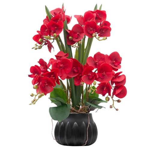 CXGS Artificial Orchid Flower Plant 197 Real Touch Faux Orchids in Ceramic Vase Red Fake Phalaenopsis Flower Arrangement Silk Orchids with Stems for Centerpiece Table Home Indoor Decor - Image 1