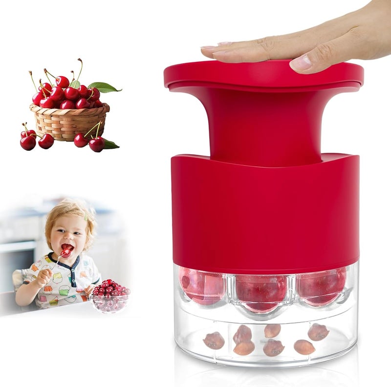 Kerfulty Cherry Pitter - Quick Release Multi Cherries Stoner Pitter 7-in-1, Push Button Cherr'y Core Pit'ter Tool Multiple with Splatter Protector, Pit Seed Remover for Making Jam Cherry Dishes (Red-7 Holes) - Image 1