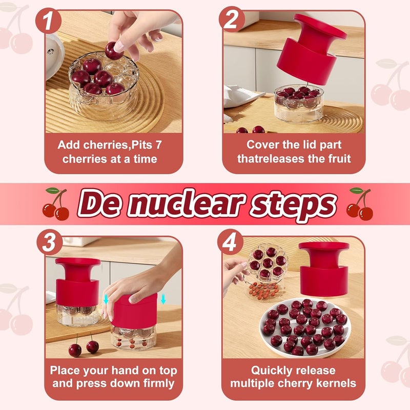 Kerfulty Cherry Pitter - Quick Release Multi Cherries Stoner Pitter 7-in-1, Push Button Cherr'y Core Pit'ter Tool Multiple with Splatter Protector, Pit Seed Remover for Making Jam Cherry Dishes (Red-7 Holes) - Image 4
