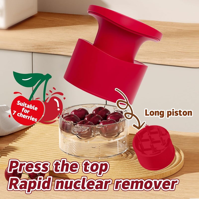 Kerfulty Cherry Pitter - Quick Release Multi Cherries Stoner Pitter 7-in-1, Push Button Cherr'y Core Pit'ter Tool Multiple with Splatter Protector, Pit Seed Remover for Making Jam Cherry Dishes (Red-7 Holes) - Image 3
