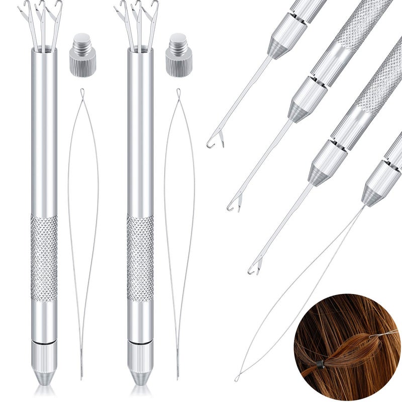 WILLBOND 2 Sets 4-in-1 Hair Extension Tools, Includes Loop Needle Threader, Knitting Needles and Holder for Beads Dreadlock Wig Hair Extensions Lace Wig Making, Loop Tools and Hooks - Image 1