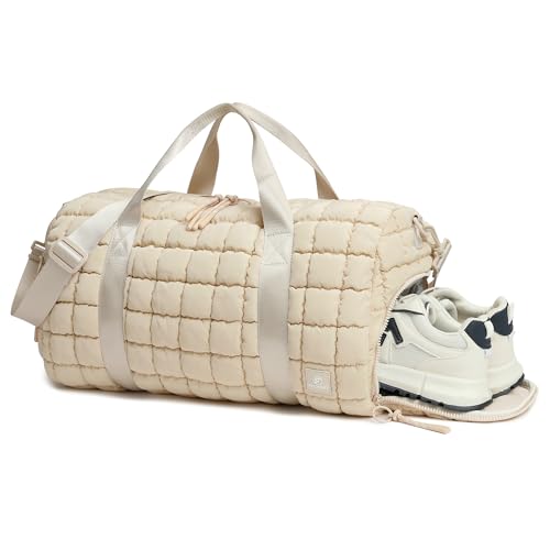 FODOKO Quilted Duffel Bag for Women Puffer Gym Duffle Bag with Shoe Compartment Lightweight Large Crossbody Sport Bag Travel Tote Beige - Image 1
